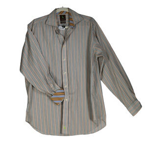 TailorByrd Brown Striped Shirt Men L Cotton Button Up Contrast Cuffs Long Sleeve